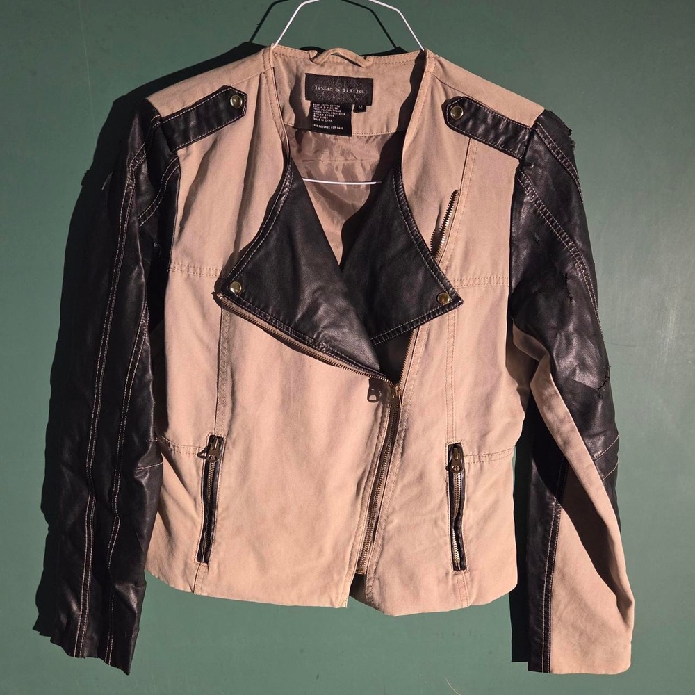Live A Little Tan Black Distressed Leather Jacket Grunge Moto Medium